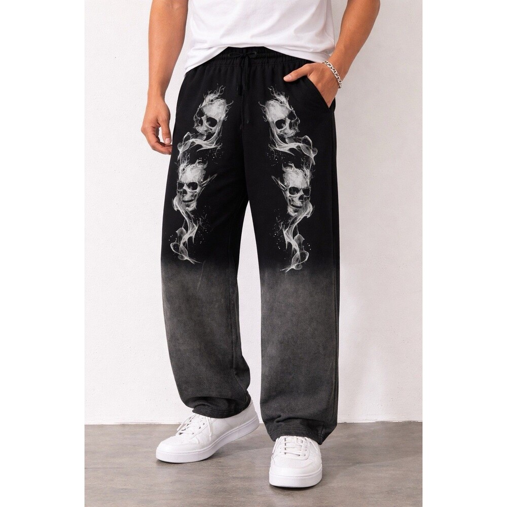 Hot Topic Black Skull Pants Skulls & Flames Ombré Wide Leg Pants Sz Large